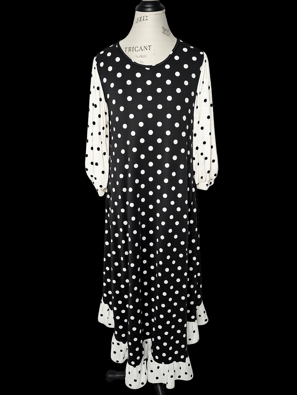 Women's Black & White Polka Dot Long Sleeve Midi Dress